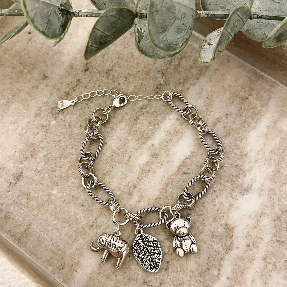 925 Sterling Silver Elephant Bear Leaf Charm Bracelet Chain Link Bracelet